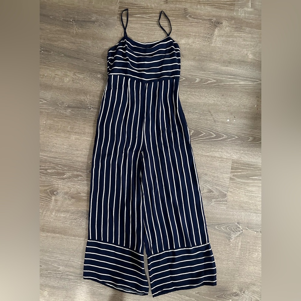 F21 navy stripped jumpsuit